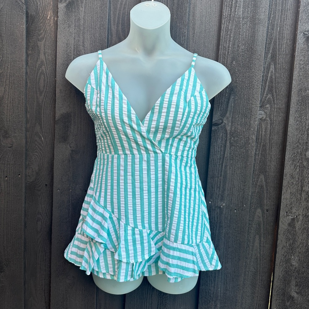 Romper L'ATISTE by Amy aqua white striped thin adjustable straps vacation L